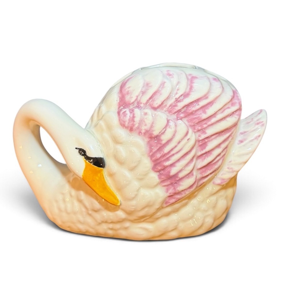 Vintage Ceramic White and Pink Swan Toothbrush Holder/Planter 1999 Decor